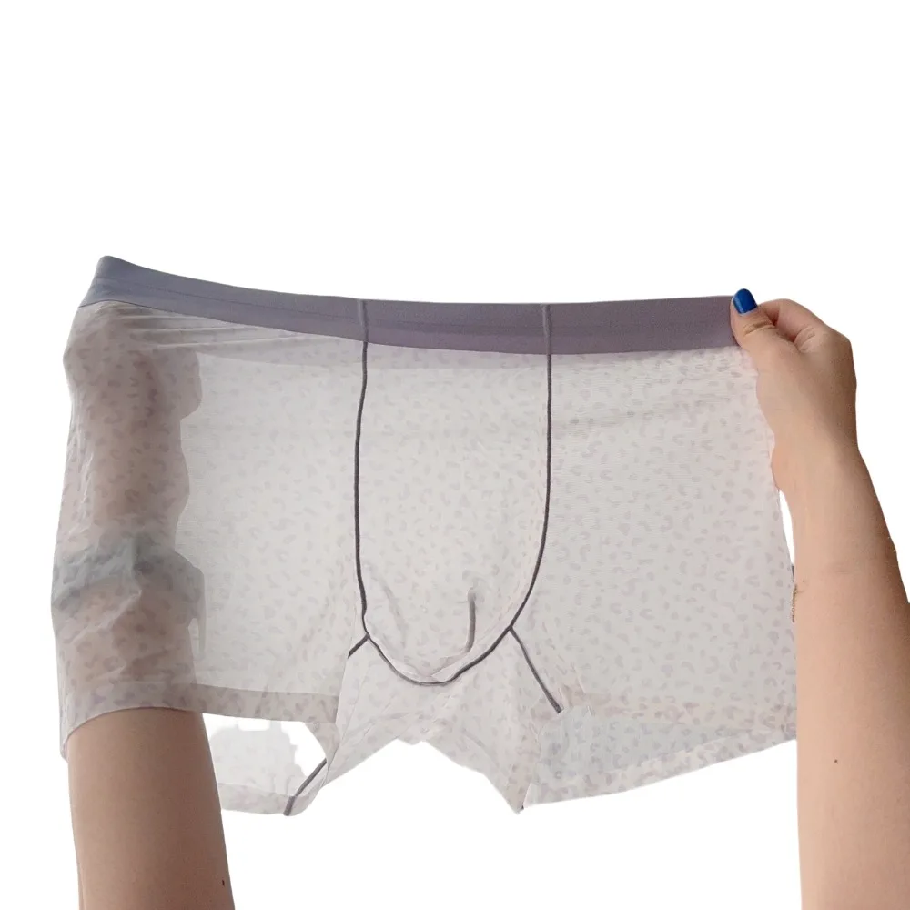 

Simple High Waist Men Boxer Briefs Quick Dry Cool Feeling Leopard Thin Boxers Breathable Transparent Ice Silk Underpants Daily