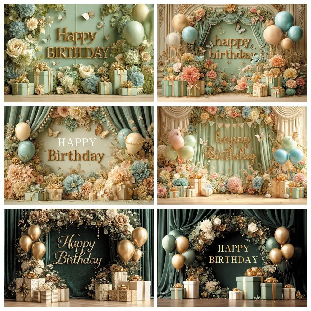 

Happy Birthday Party Photography Backdrop Balloons Gifts Flowers Baby Kids Adult Birthday Photo Background Banner Photo Studio