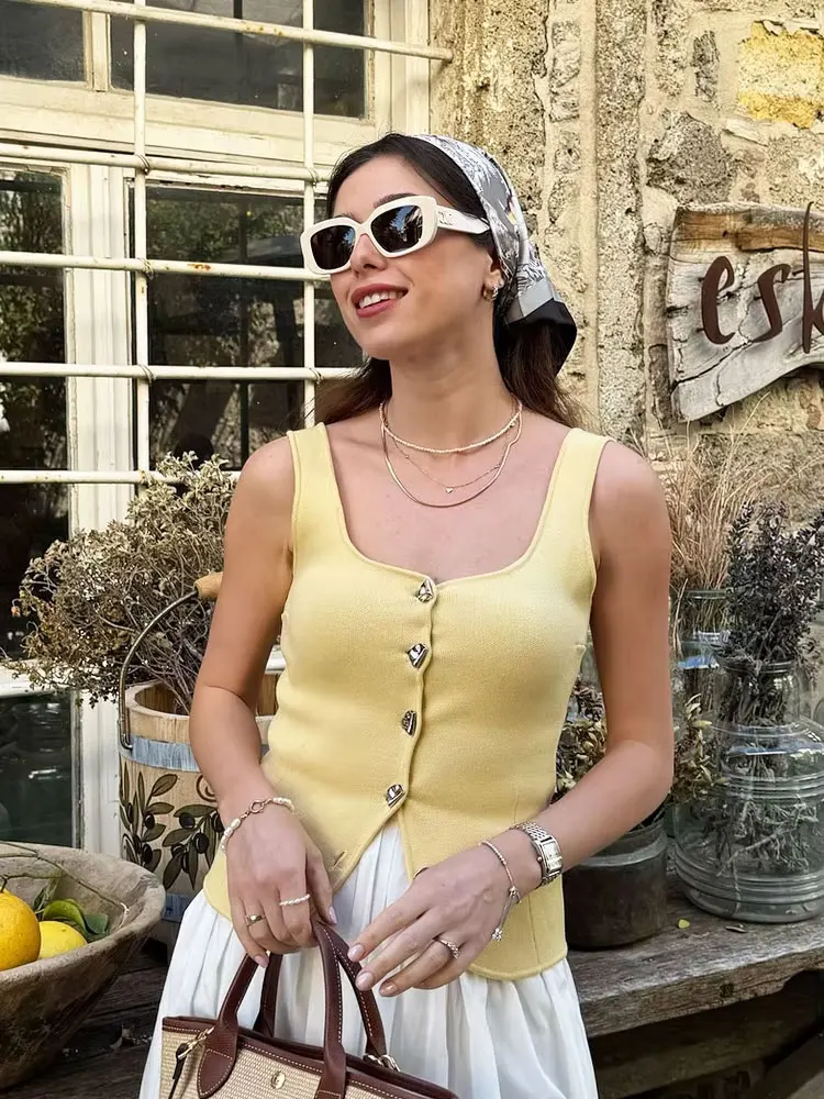 

HH Female Summer Causal Knitted Vest Top Sleeveless Solid Simple Round Neck Single-breasted Sling Elastic Waist Fashion Tops