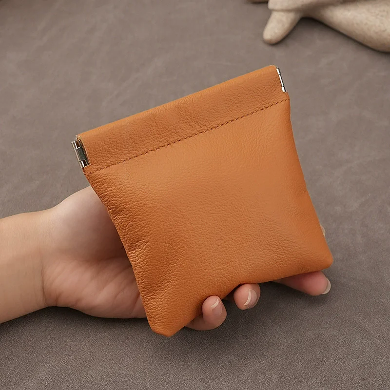 Genuine Leather Square Pocket Coin Purse Self Closing Key Wallet Women Men Small Short Money Change Bag Little Purse Card Holder