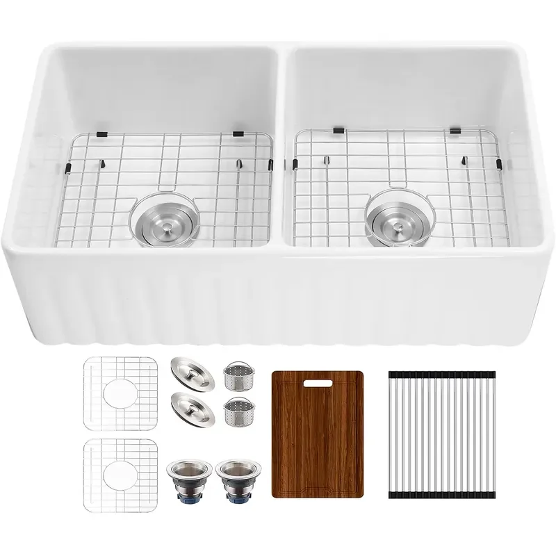 33x18 Inch White Ceramic Farmhouse Sink Apron Front Double Bowl Kitchen Porcelain Sink Stain Resistant With Accessories