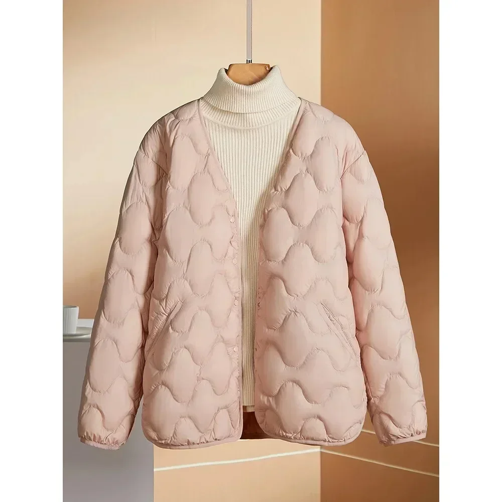 2024 New Women\'s Winter Warm Collarless Women\'s Lined Duck Down Jacket V-neck Fashion Ultra Light Quilted Down Coat Office Lady