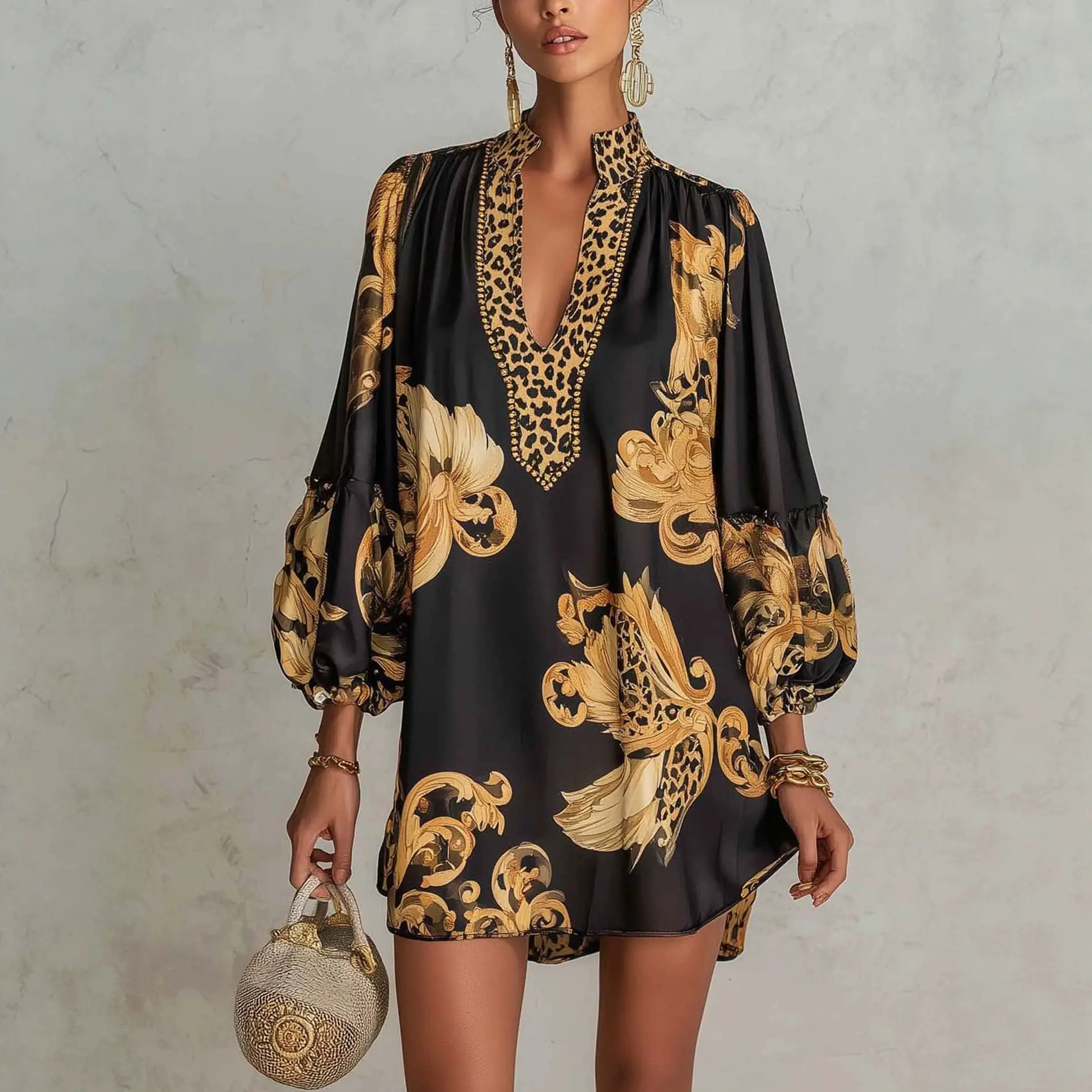 Schwarzes Gold Barockes Leoparden-Satin-Minikleid für Damen mit V-Ausschnitt, Laternenärmeln, lockerer Passform, elegantem Party-Stehkragen und kurzem Schnitt für den Frühling