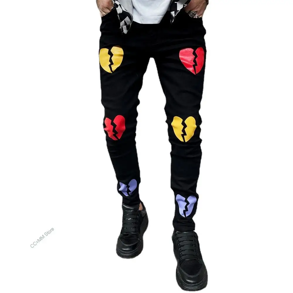 Trend Black Jeans Fashion Street Trousers Cozy Skinny Broken Heart Printed Design Soft Denim Pants Mens Clothing New Men