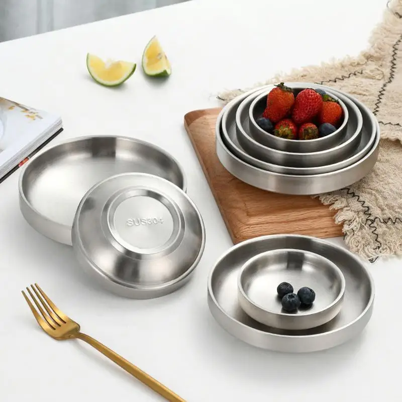 .Flat 201/304 Stainless Steel Dish Plate Cooking Noodles Bowl Thickened Dinner Plate Seasoning For Camping Restaurant Tableware
