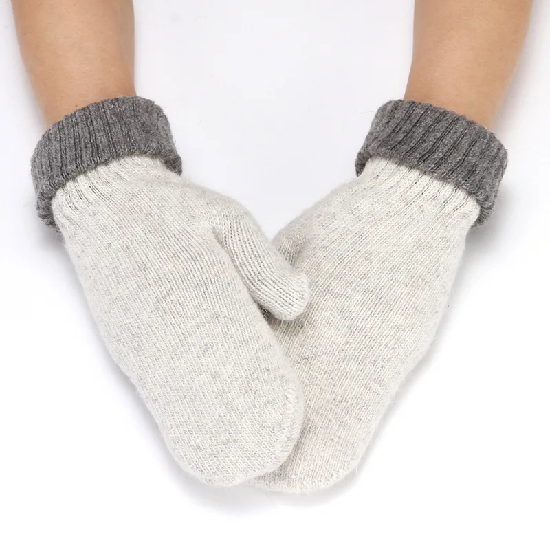 Gants en poils de lapin bicolore pour femme, mitaines chaudes, en laine épaisse, pour cyclisme, Protection contre le froid, en tricot, T16