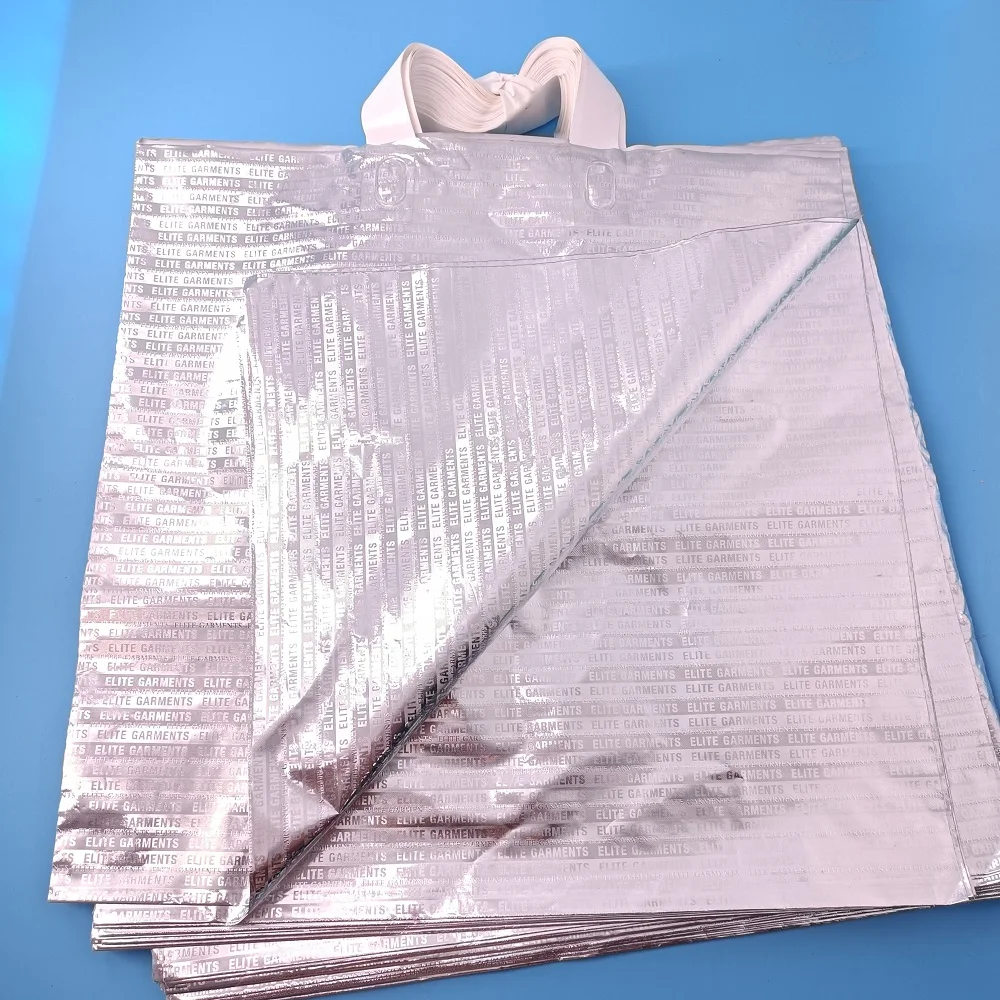 aluminum letter Embossing  plastic shopping bag silvery fashion shopping bag for Clothing shoes carrier bag Die-cut poly bag