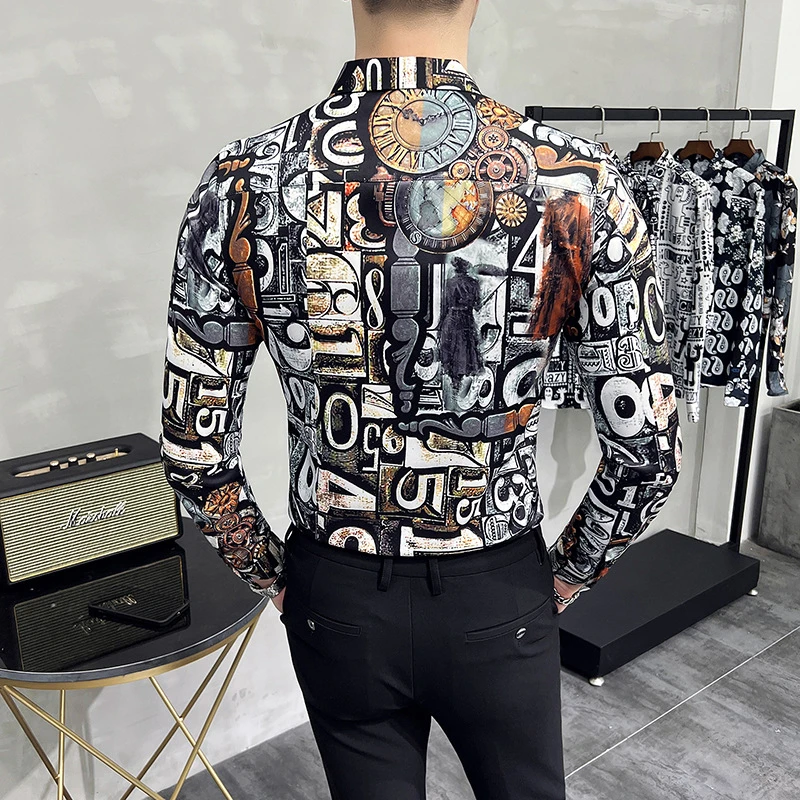 New Fashion Men manica lunga Vintage Number Print camicie per uomo Social Luxury Man Designer Clothes camicia hawaiana Chemise Homme