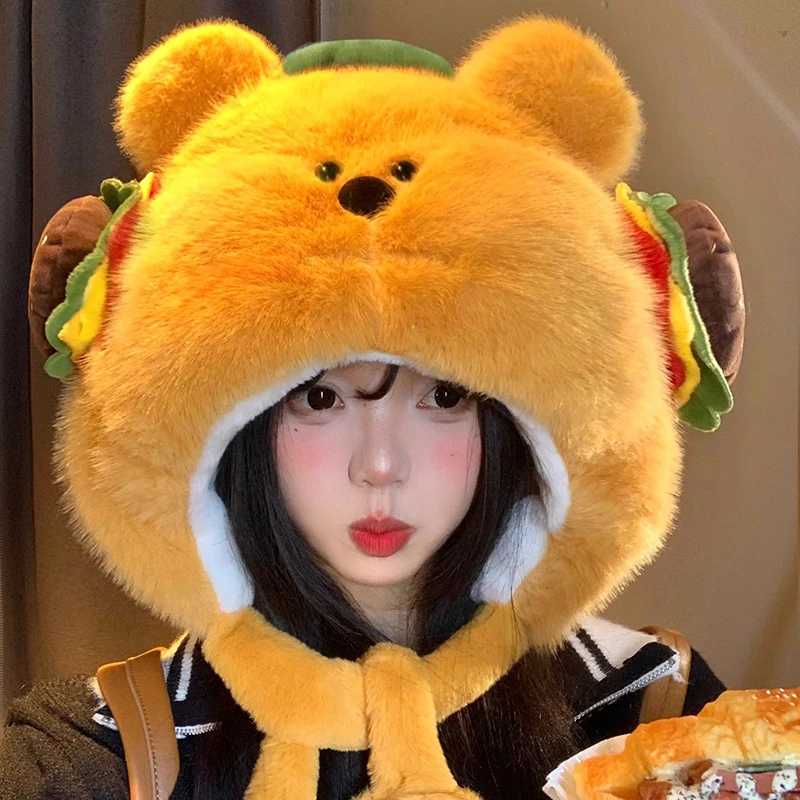 

New Trendy Hamburg Bear Plush Hat Women Winter Plush Thickened Pullover Hats Warmth Cold Protection Ear Protection Lei Feng Hats