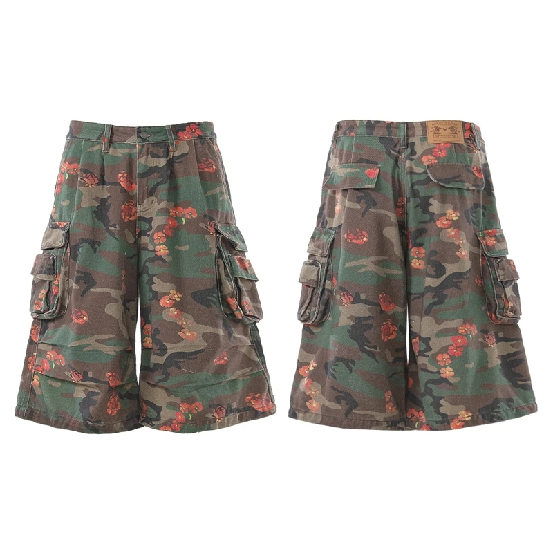 Herren Camouflage Blumenmuster Cargo-Shorts Multi-Taschen Weite Lässige Tarnmuster-Shorts Mode Streetwear Weites Bein Knielange Hosen – Detail 6