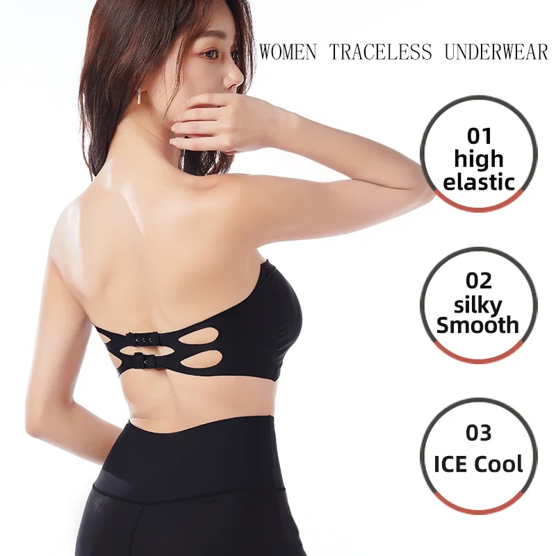 Women Traceless Bra Underwear Camisole Strapless Top Crop Top Back Buckle Strapless Underwire Black Free Size Soft Sports Sexy