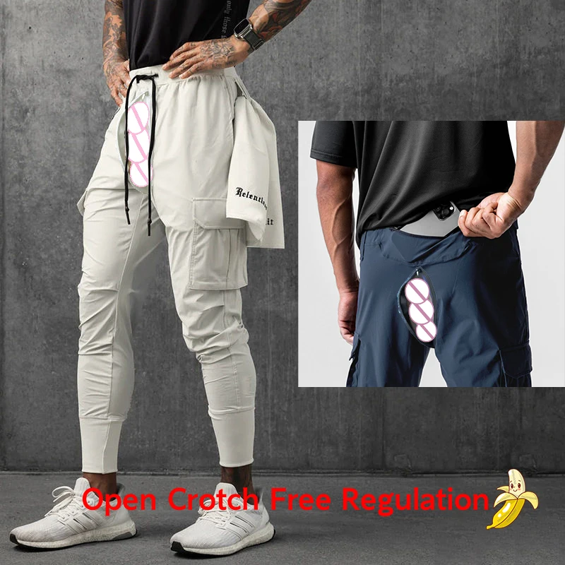 Sport Casual Pants Men Open Crotch Erotic Pants Fitness Thin Loose Running Basketball Sweatpants Gym Trousers Back Pocket Zipper