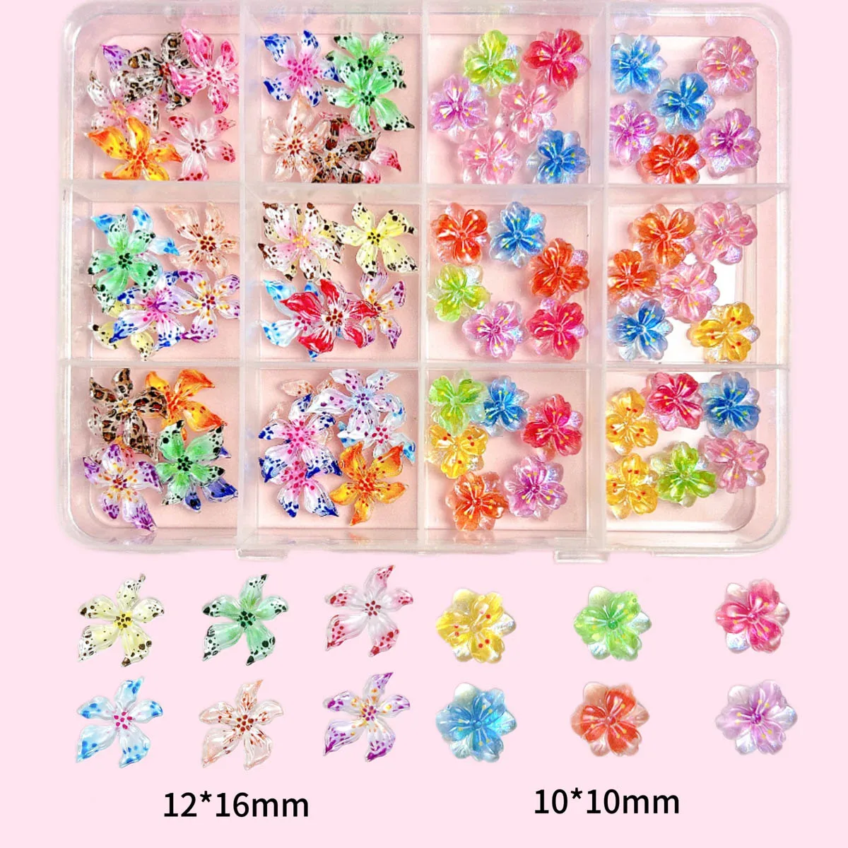 1 กล่อง ดอกไม้เรซิ่นสามกลีบหลากสี ประกายวิบวับ สำหรับตกแต่งเล็บ ขายดี ลายดอกไม้ประดับเล็บ DIY