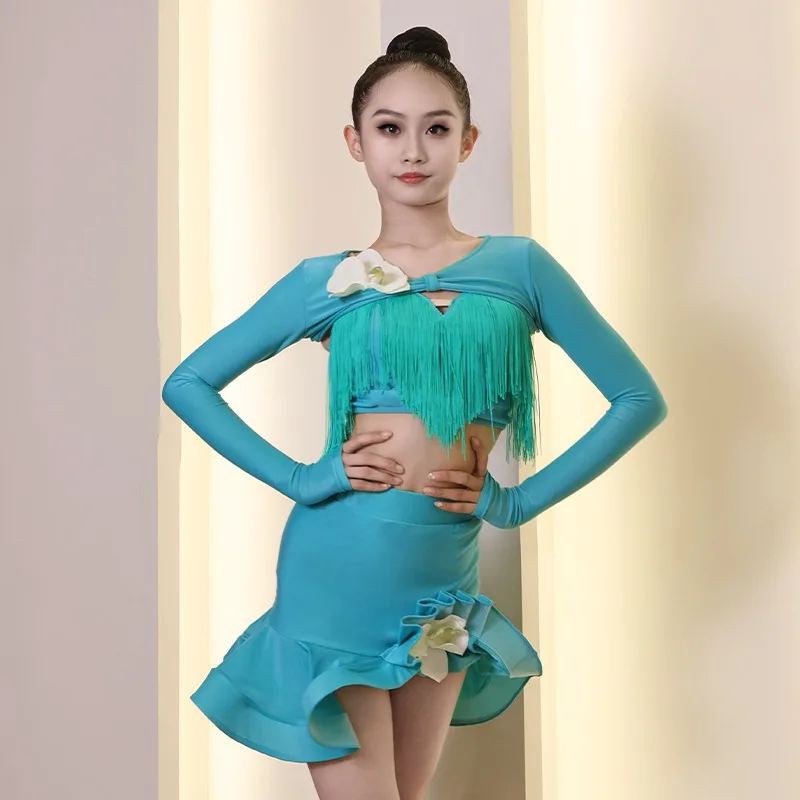 تنورة رقص لاتينية مخصصة للفتيات، أزياء مسرحية، مجموعة فساتين مسابقة قاعة الرقص للنساء