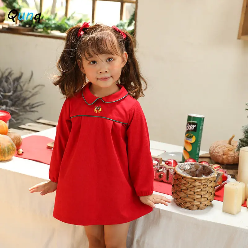 Qunq Girls Spring & Autumn Christmas Dress Turn-down Collar Long Sleeve Lovely Cartoon Dresses Casual Kids Clouthes Age 1-3T