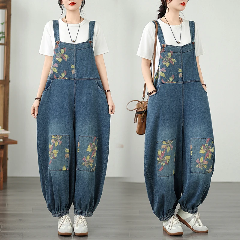 Women Loose Printed Denim Overalls Floral Plus Size Denim Jumpsuits Female Casual Wide Leg Straps Baggy Pants Dungarees