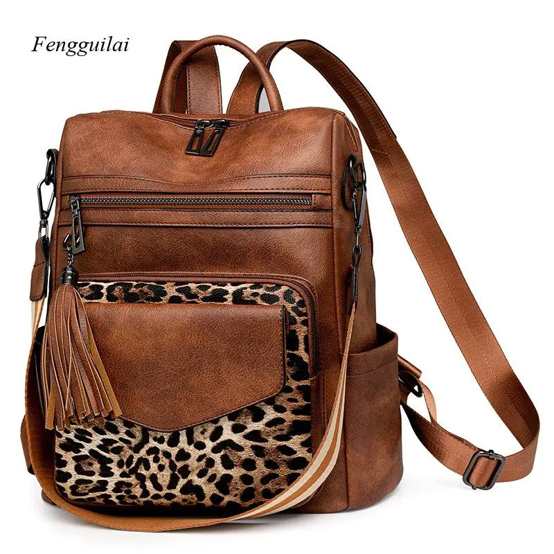 Women's Versatile Leopard Print Backpack - Faux Leather Convertible Shoulder Bag with Tassel Detail for Casual & Formal Wear