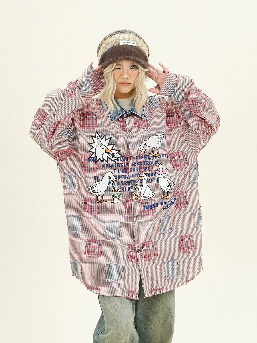 

Big Goose Patch Plaid Long Sleeve Shirt 2024 Autumn New Loose Bf Japanese Retro Top Trendy Girl