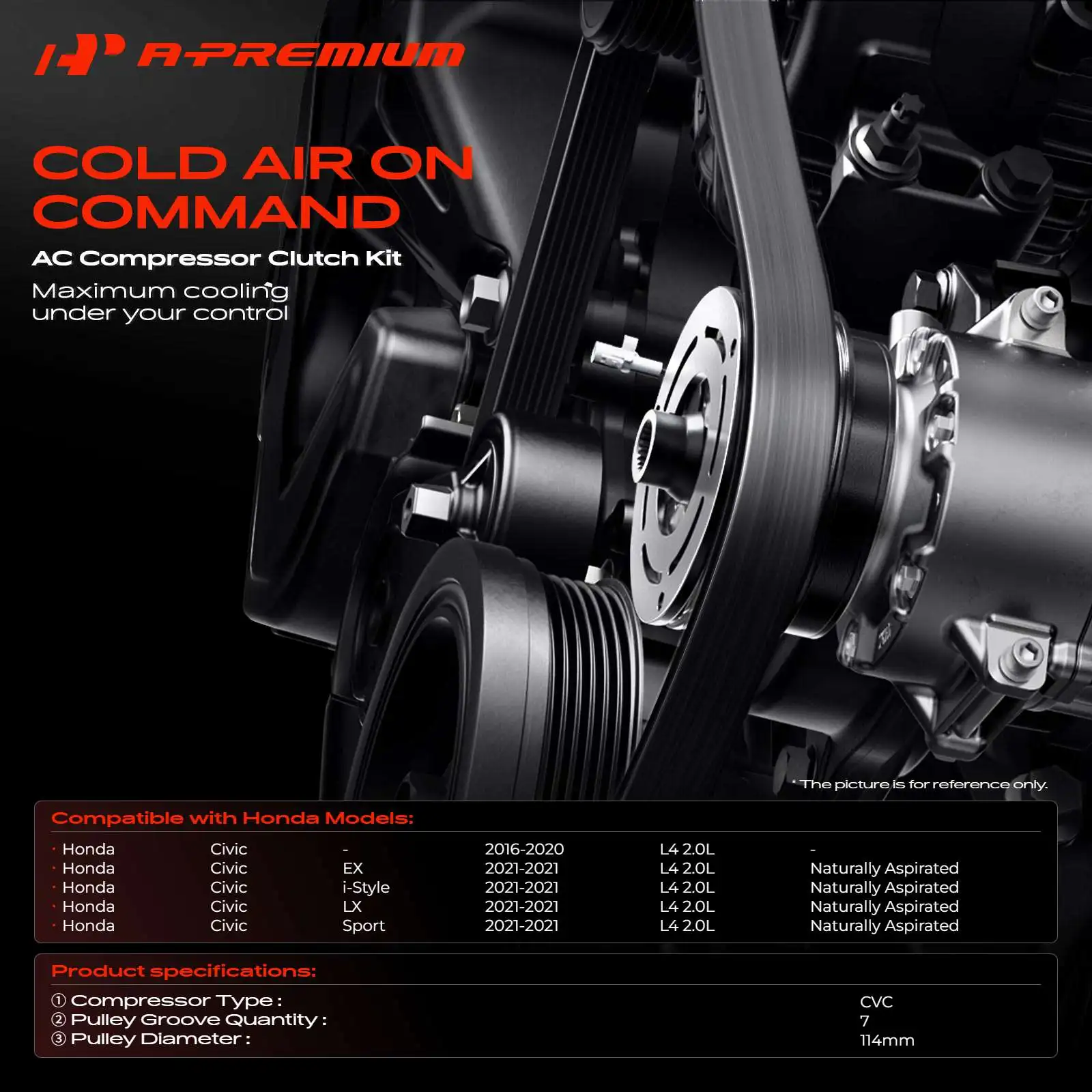 A-Premium AC Compressor Clutch Kit with 7-Groove Pulley for Honda Civic 2016-2021