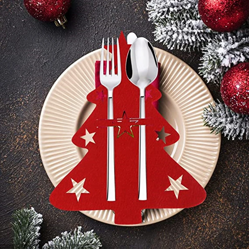 1pcs Christmas Cutlery Holder Felt Xmas Tree Fork And Spoon Holder Pockets Tableware Organizer Rack Christmas Table Decoration