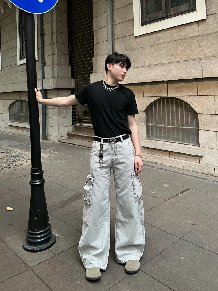 

JXGOGLOBAL Американские рабочие брюки в стиле ретро, свободные прямые повседневные винтажные брюки для мужчин и женщин, повседневные джинсы свободного покроя