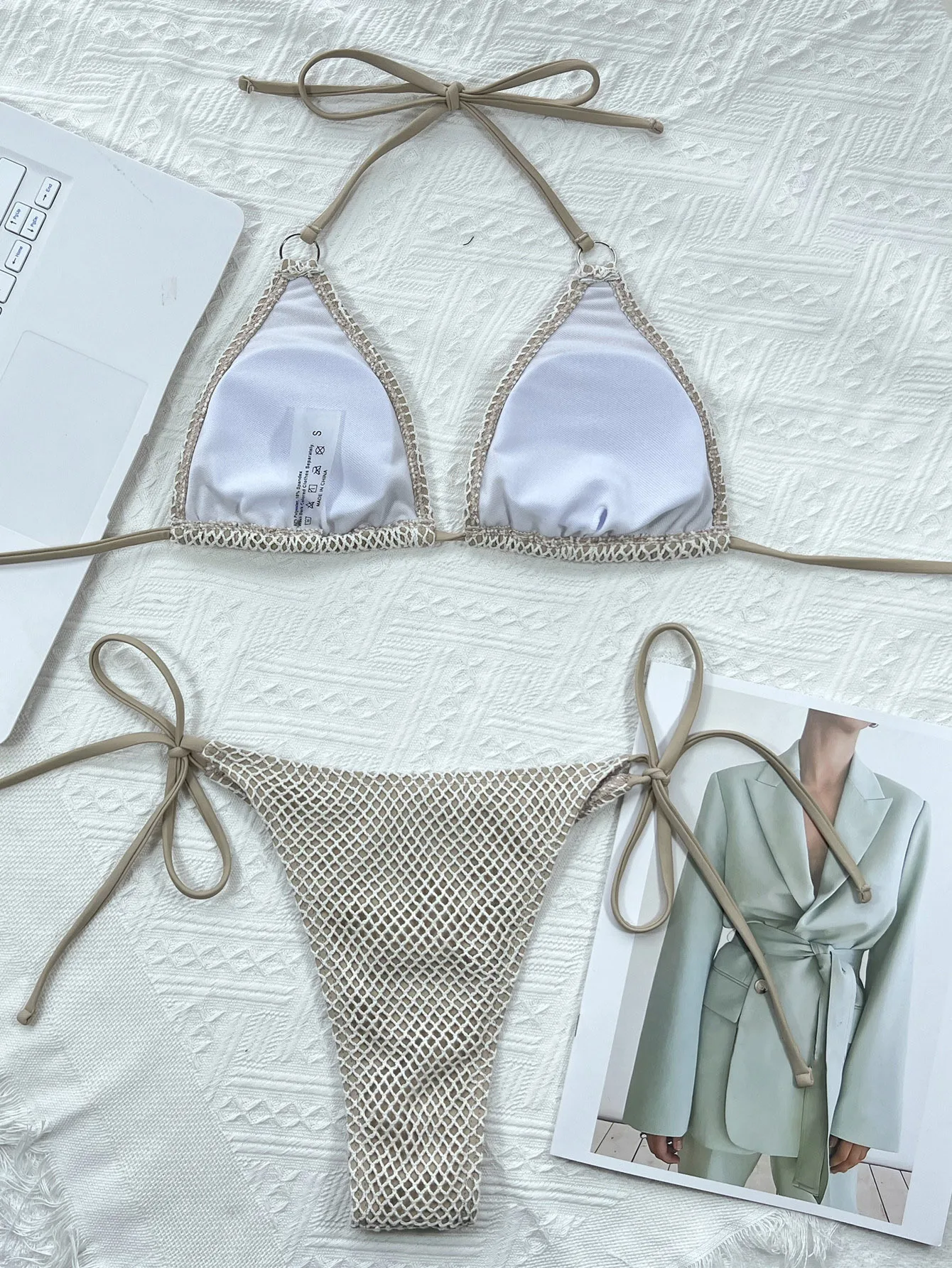 Bikini de rejilla envolvente para mujer, traje de baño de dos piezas con Tanga