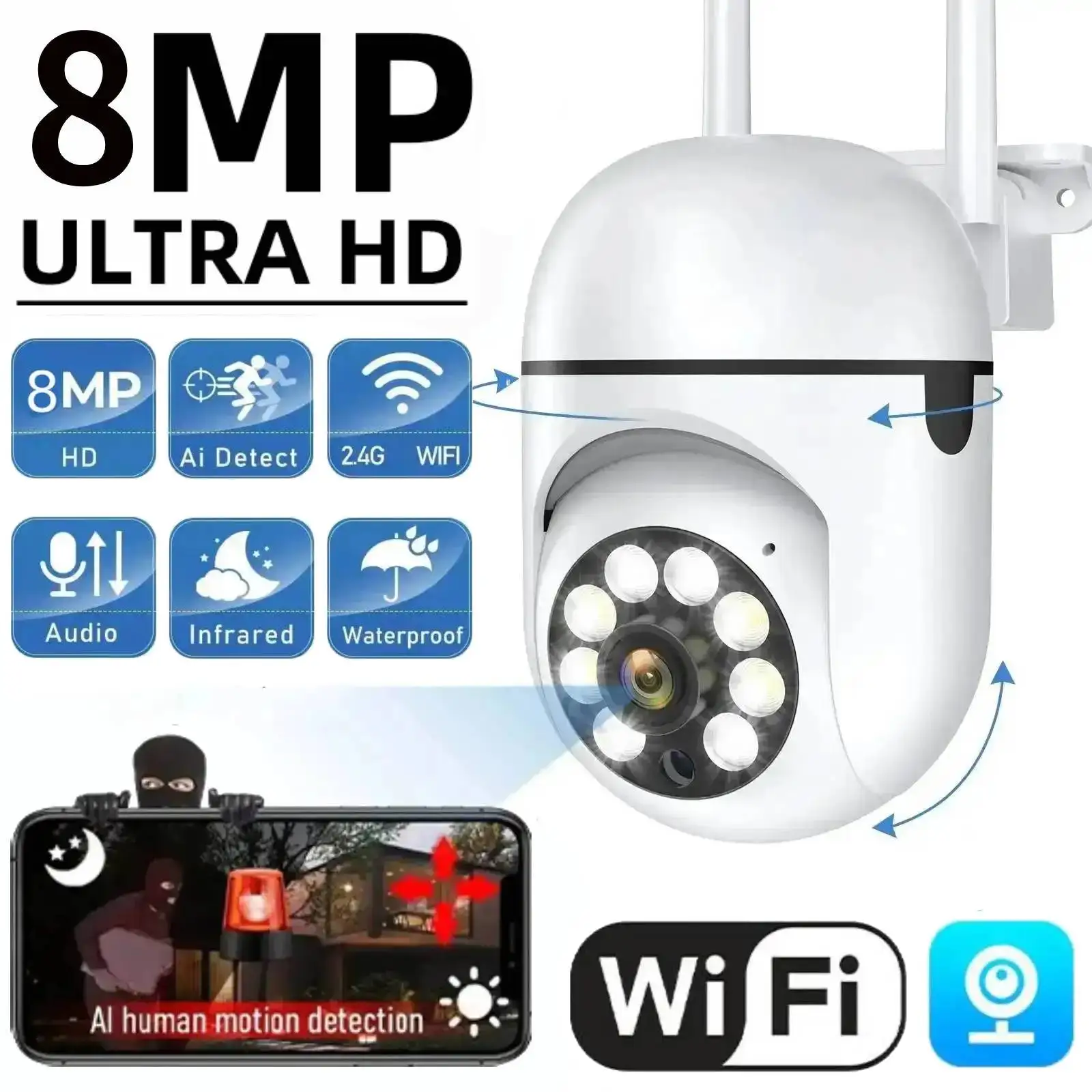 Cámara de vigilancia de seguridad inalámbrica para exteriores, videocámara PTZ de 8MP, Wifi, IP, seguimiento humano por Ia, Zoom 4X, Audio