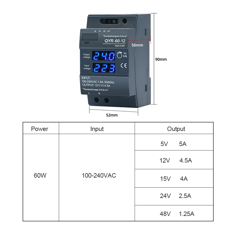 60W 100W 150W Din Rail Switching Power Supply with LED display AC 110/220V DC 12V 15V 24V 36V 48V SMPS 35mm standard rail QYR-60