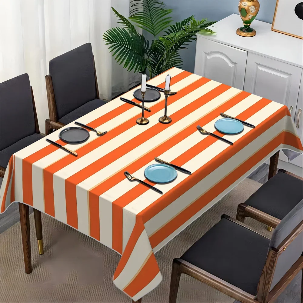 JIT 1PC printed tablecloth with orange and white stripes, featuring minimalist geometric style.yzb