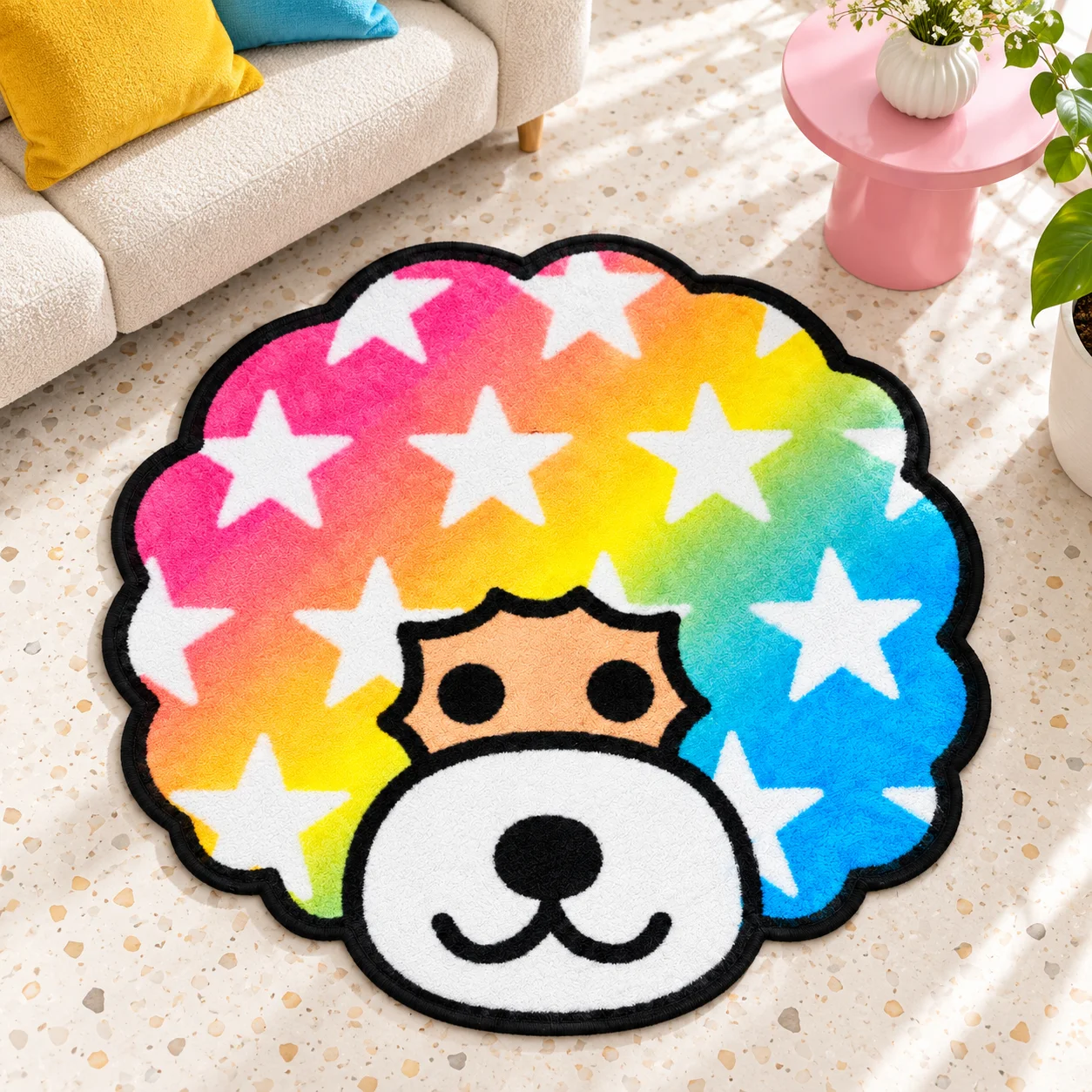 Japan Afro Ken Shaped Rug, Rainbow Star Dog Face  Irregular Flannel Floor Mat for Bedroom Living Room Entryway Decor Unique Gift