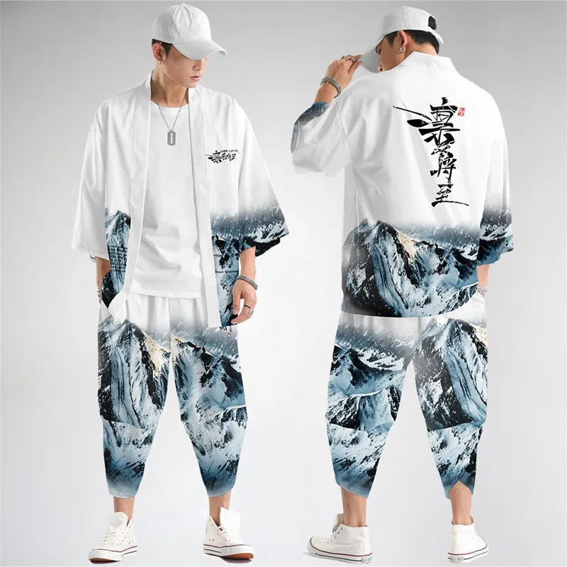 Two-piece Suit Oversize XXS-6XL Japanese Style Fashion Kimono And Pants Set Men Cardigan Blouse Haori Obi Asian Clothes