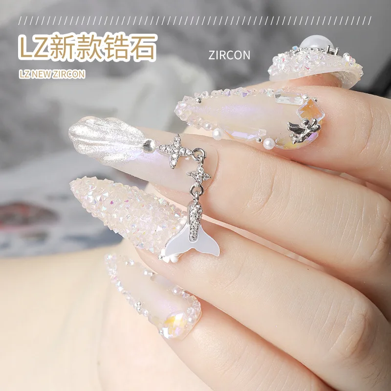 3PCS Luxury Sparkle Zircon Half Wings Pearl Shell Fish Tail Chains Pendant Alloy Nail Art Rhinestones Deocration Manicure Charms