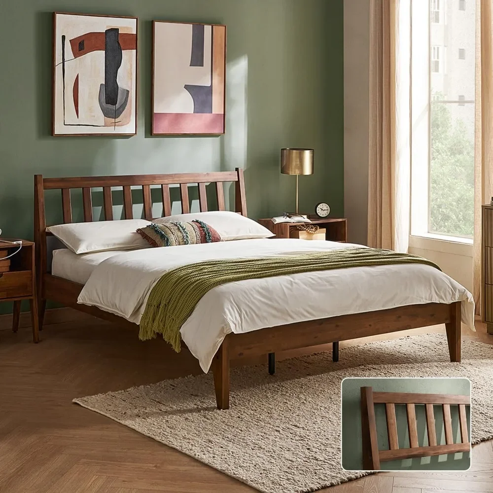 

Ted Bed Frame with Headboard, Mid Century Modern Acacia Solid Wood Platform Bed Frame, Wooden Bed Slats