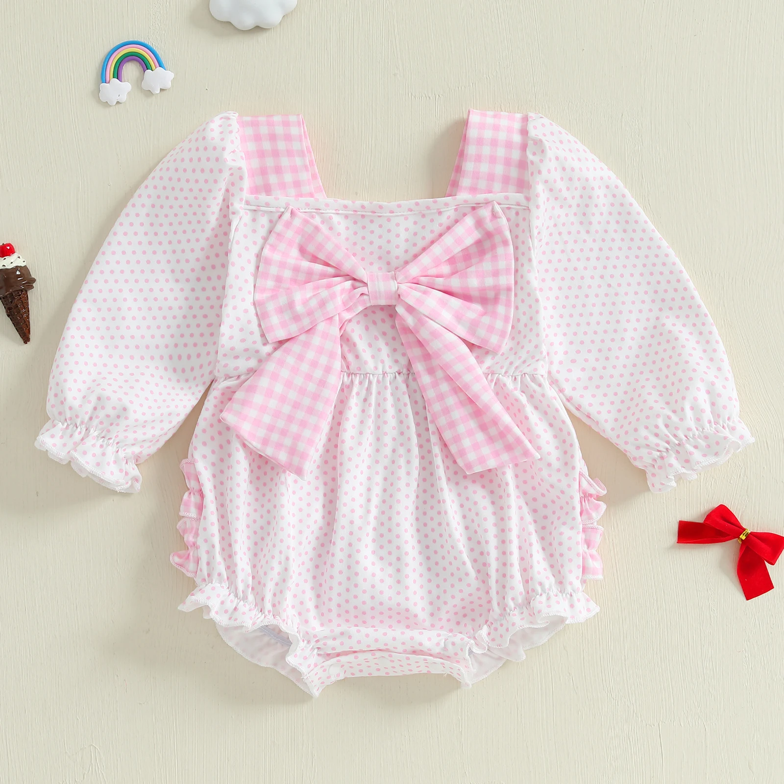 

Baby Girls Casual Romper Fashion Autumn Clothes Dot Print Plaid Bow Square Neck Long Sleeve Jumpsuits for Newborn 0-18M