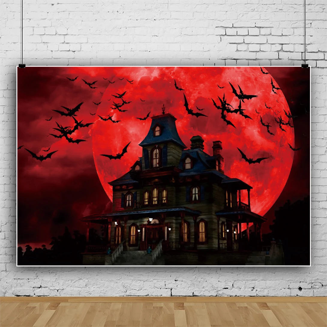 Laeacco Halloween Photography Backdrop Skeleton Bats Purple Red Scary Night Full Moon Haunted Castle Kids Portrait Background