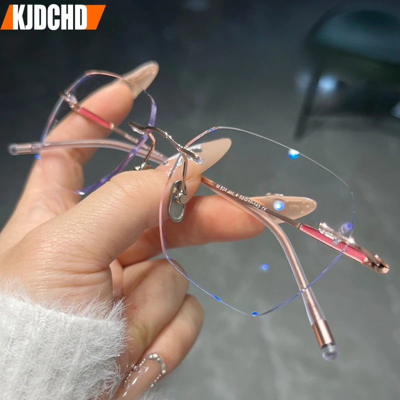 

KJDCHD Ultra Light Pure Titanium Rimless Glasses Square Luxury Business Eyewear Fashion Myopia Optical Prescription Frames Woman