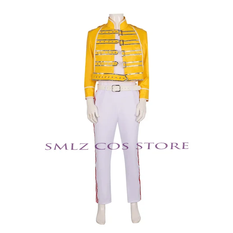 Cos Freddie Mercury Cosplay Aniem Queen Lead Vocals Costume Yellow Coat Uniform Suit Halloween Party Performance Outfit for Men