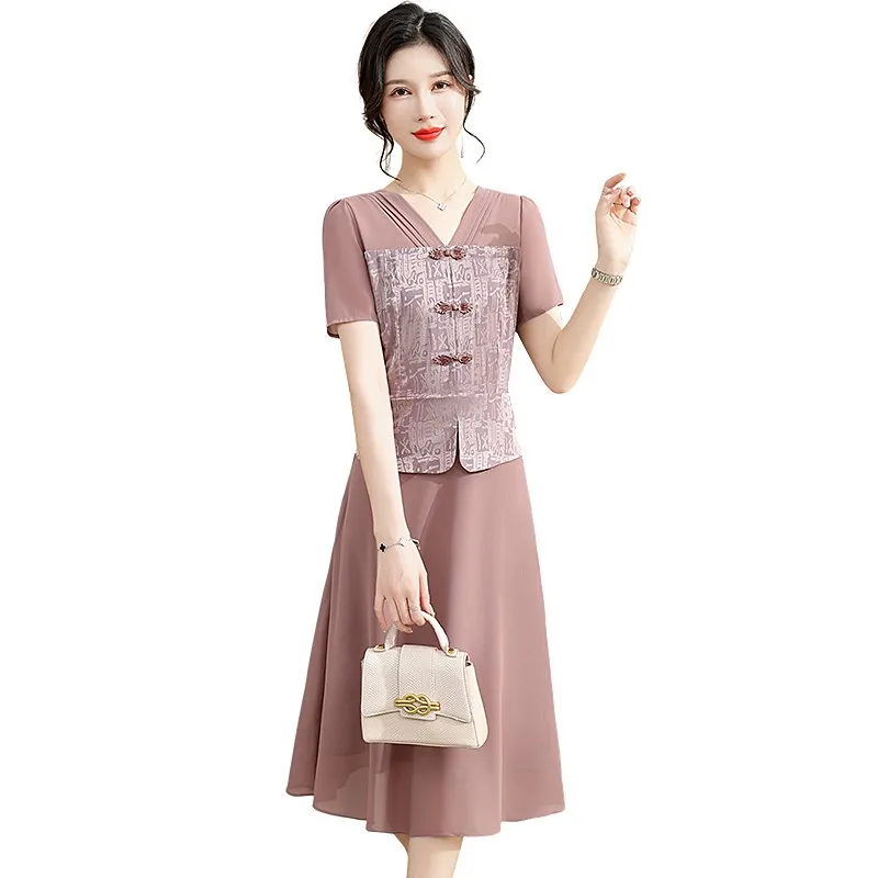 

Female Clothing Vintage pink Dresses Stylish chiffon Patchwork Summer Short Sleeve Elegant A-Line V- Neck Midi Dress