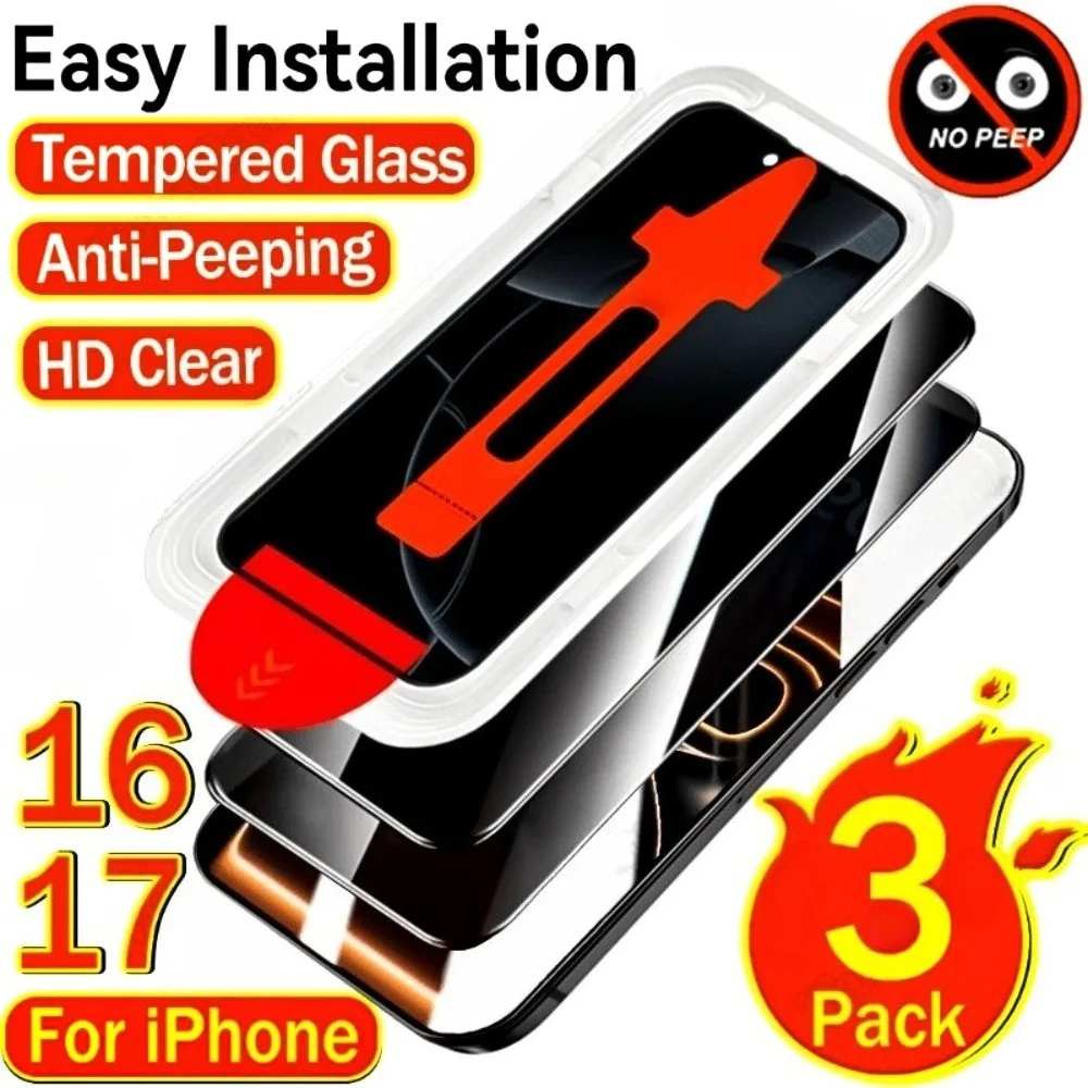 

3Pcs Anti Spy Tempered Glass for iPhone 17 16 15 Pro Max Air 14 13 12 Pro 17e 16 15 Plus One Click Dust Free Installation Glass