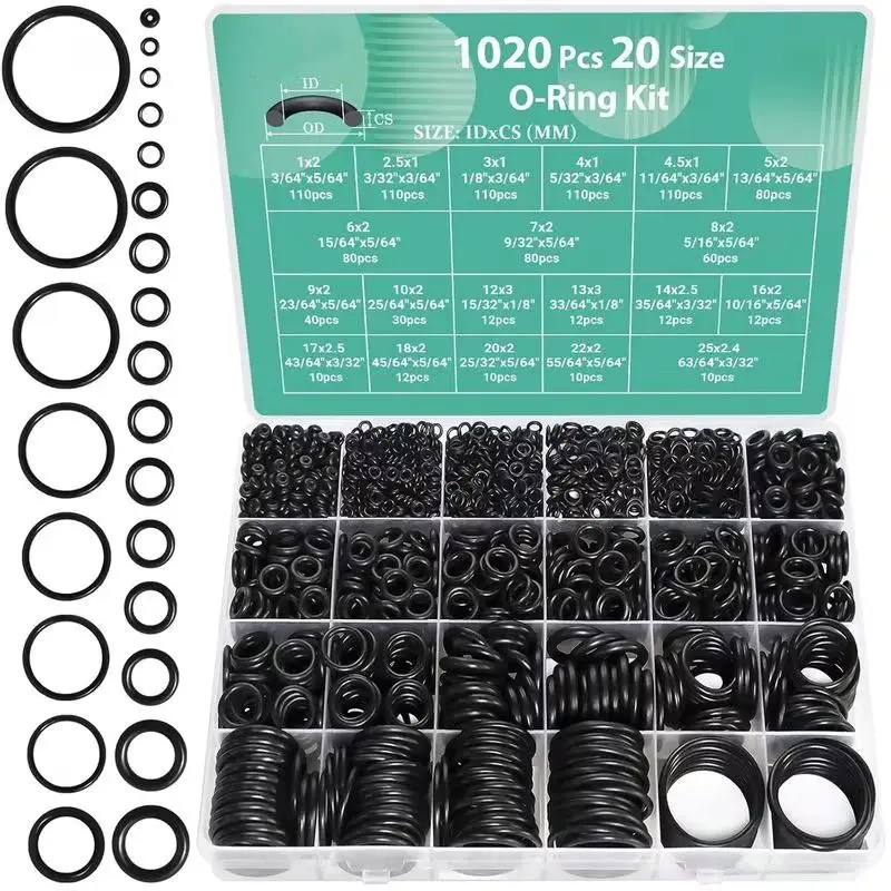 1020pcs Rubber O-Ring Set, 20 Sizes Gasket, Suitable for High-Pressure Cleaners and Gas Sealing Components Car Vehicle Repair