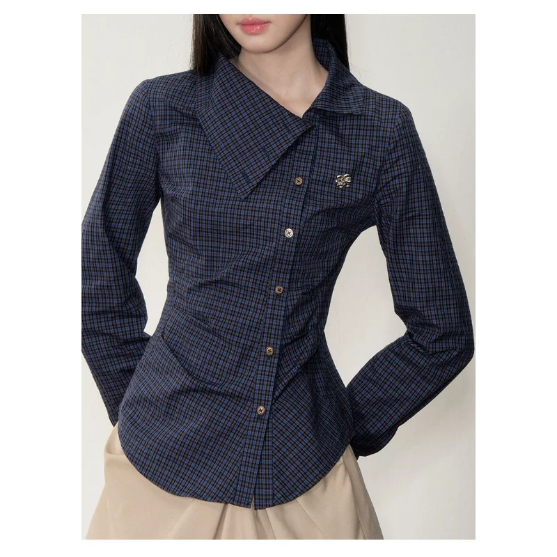 American Retro Lapel Plaid Pinch Waist Long-sleeved Shirt for Women 2025 Autumn New Slim Fit Versatile Top