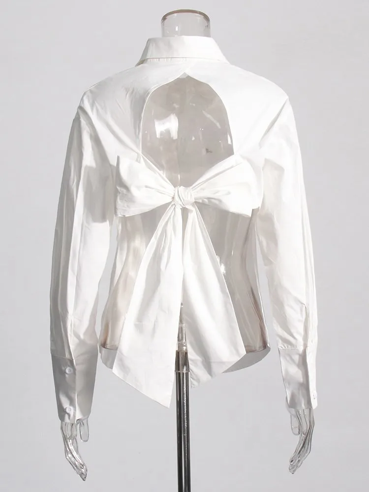 TWOTWINSTYLE Backless Patchwork Lace Up Blouse For Women Lapel Long Sleeve Spliced Button Minimalist Shirts Female Fashion New