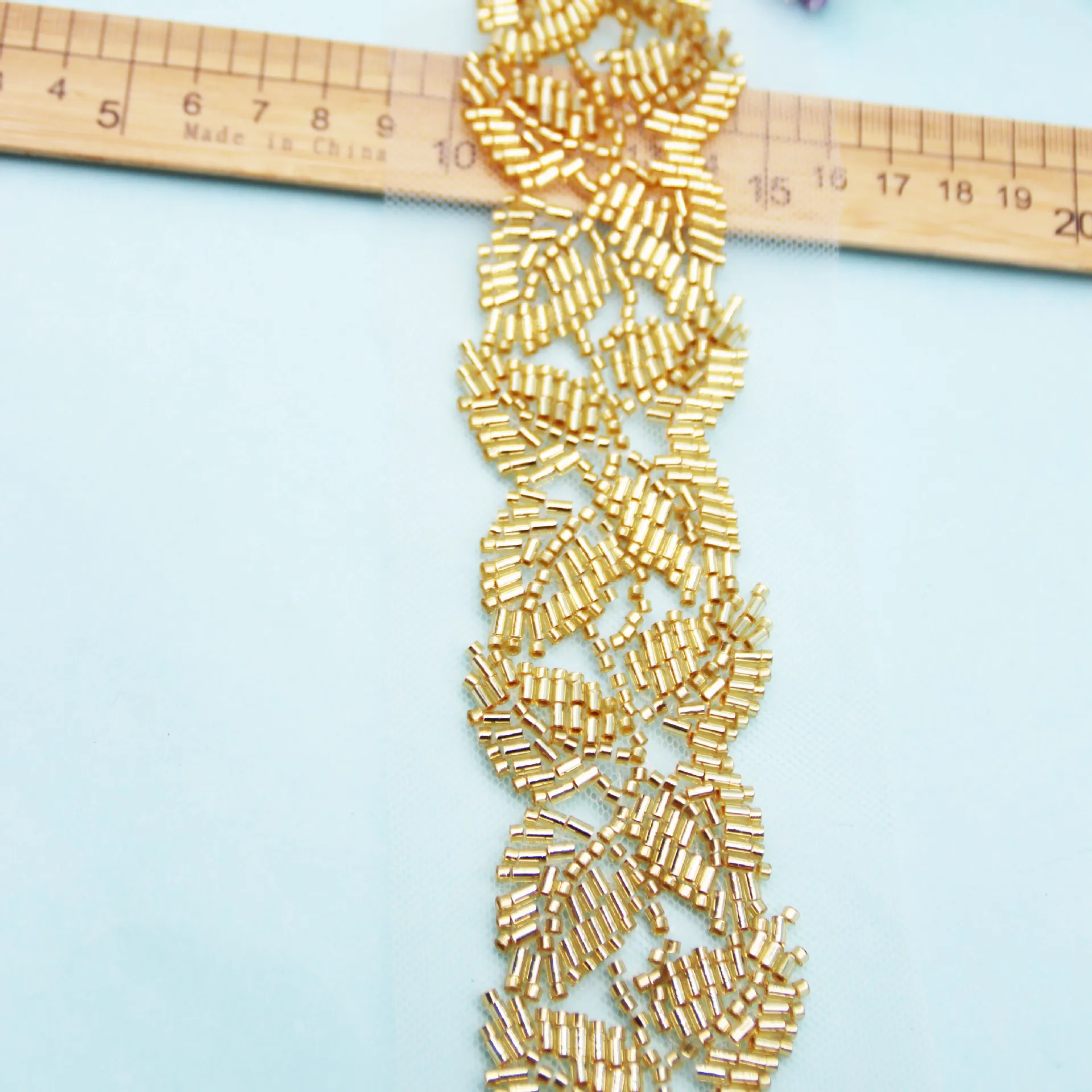 

New Style Gold Glass Bead Lace Trim Handmade DIY Beaded Flower Shape Ribbon Dress Clothing Accessories