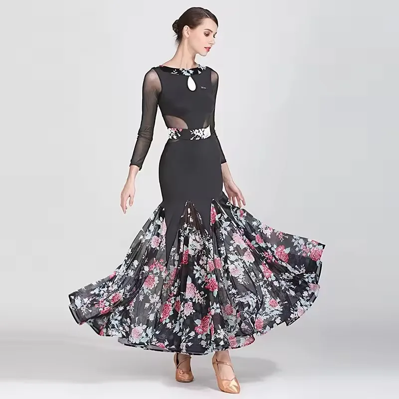 

Long sleeved adult modern dance dress latin ballroom dance costume dress chaussure danse latine femme fringe skirt