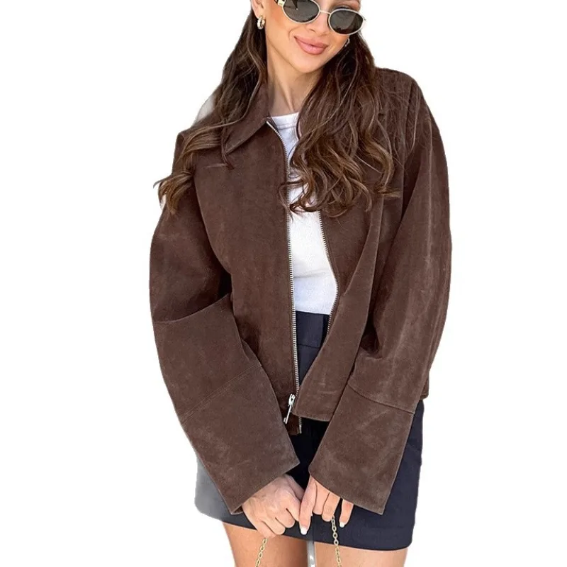 

American Retro Brown Suede Lapel Loose Coat High Sense Autumn and Winter Cross-border Maillard Small Suit High Appearance Level