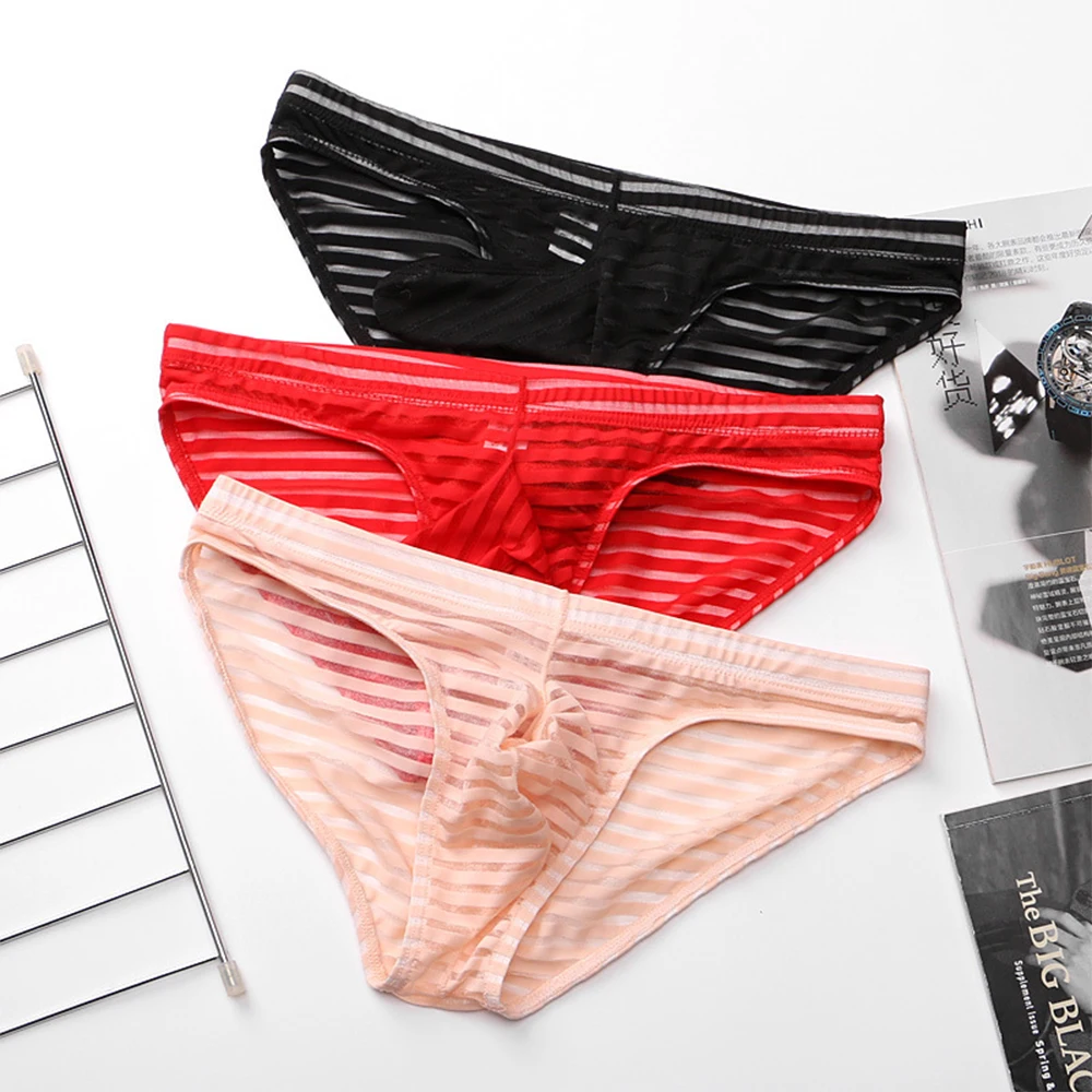 

Sexy Men Bikini Briefs Lace Striped Low-rise Panties Bulge Pouch Thongs Transparent Mesh Underwear Ultra-thin Breath Underwear