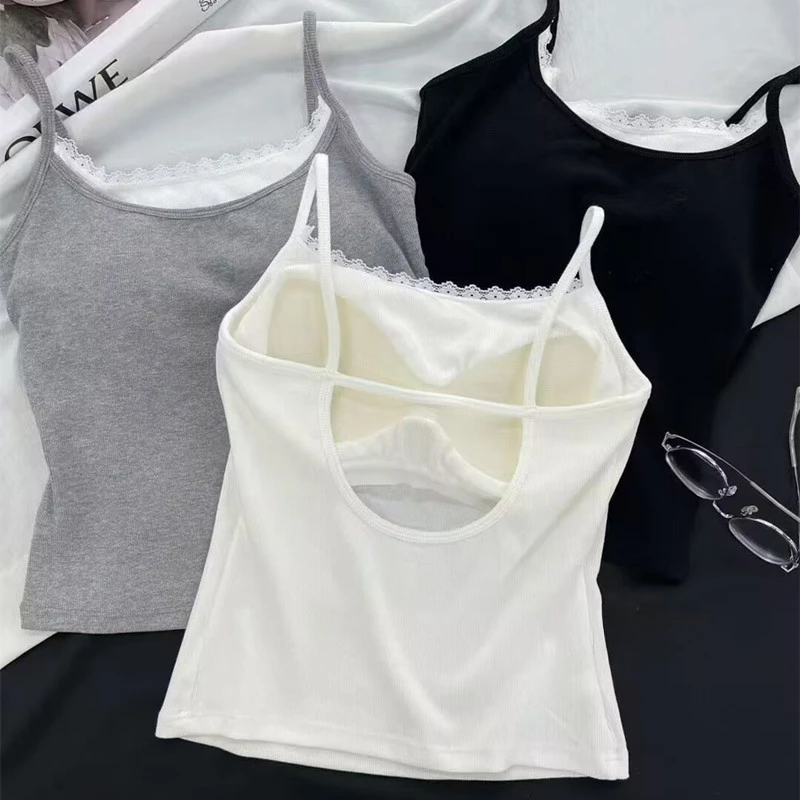 Summer Sexy Lace Shirt Beautiful Back Cotton Sling Fixed Cup with Chest Pad Vest for Women Clothing Wholesale