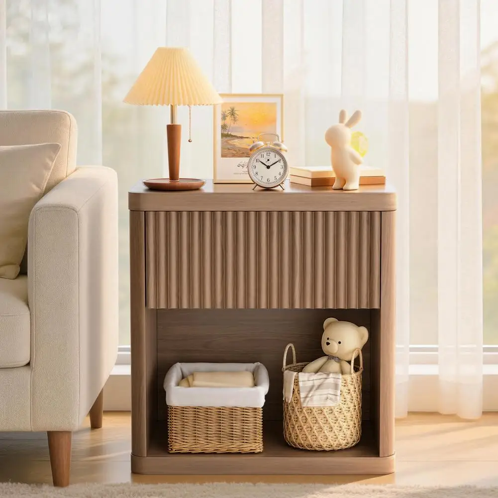 Bedside Table, Spacious Capacity Fluted Design Modern Fluted Nightstand, Particleboard Rounded Edges Bedroom Side Table