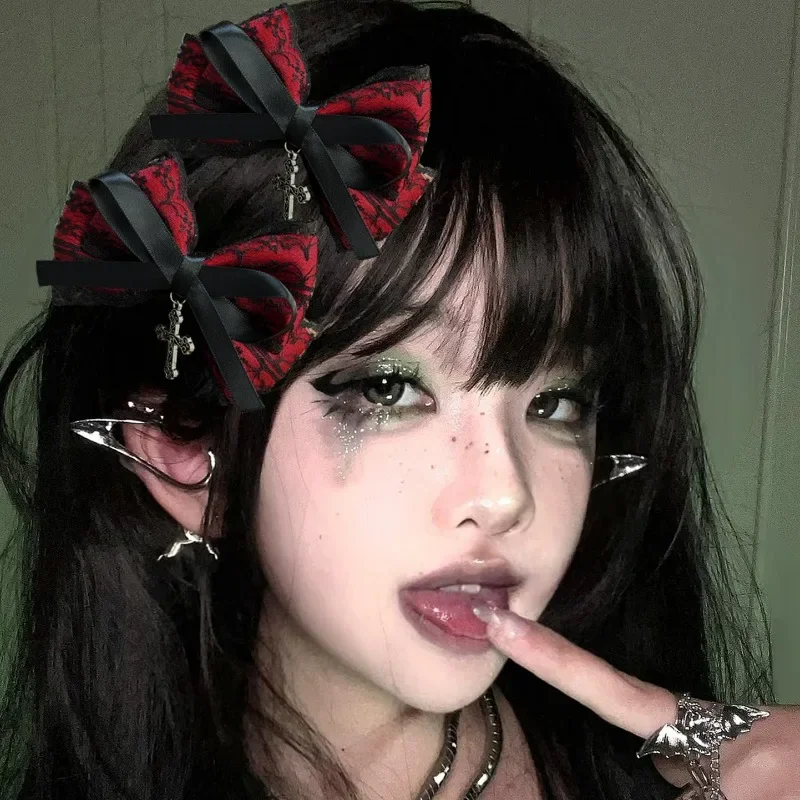 

Заколки для волос в стиле Y2K с готическим крестом и кружевным бантом для женщин и девушек, темные, милые, крутые, персонализированные, в стиле Лолита, аксессуары для волос