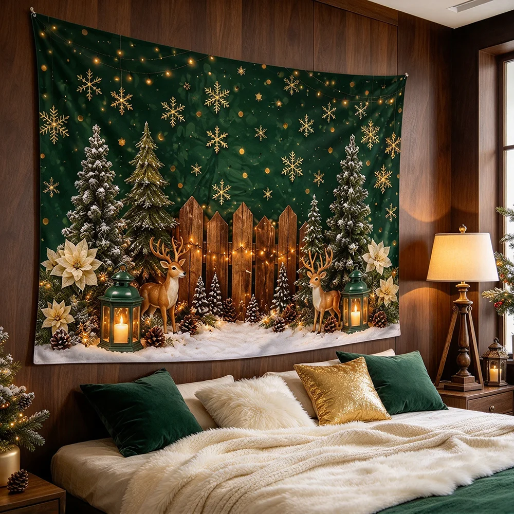 1PCS Tapestry, Green Christmas Snowflakes Trees Deer Lantern Scene, Holiday Party Decoration for Home Studio Wall